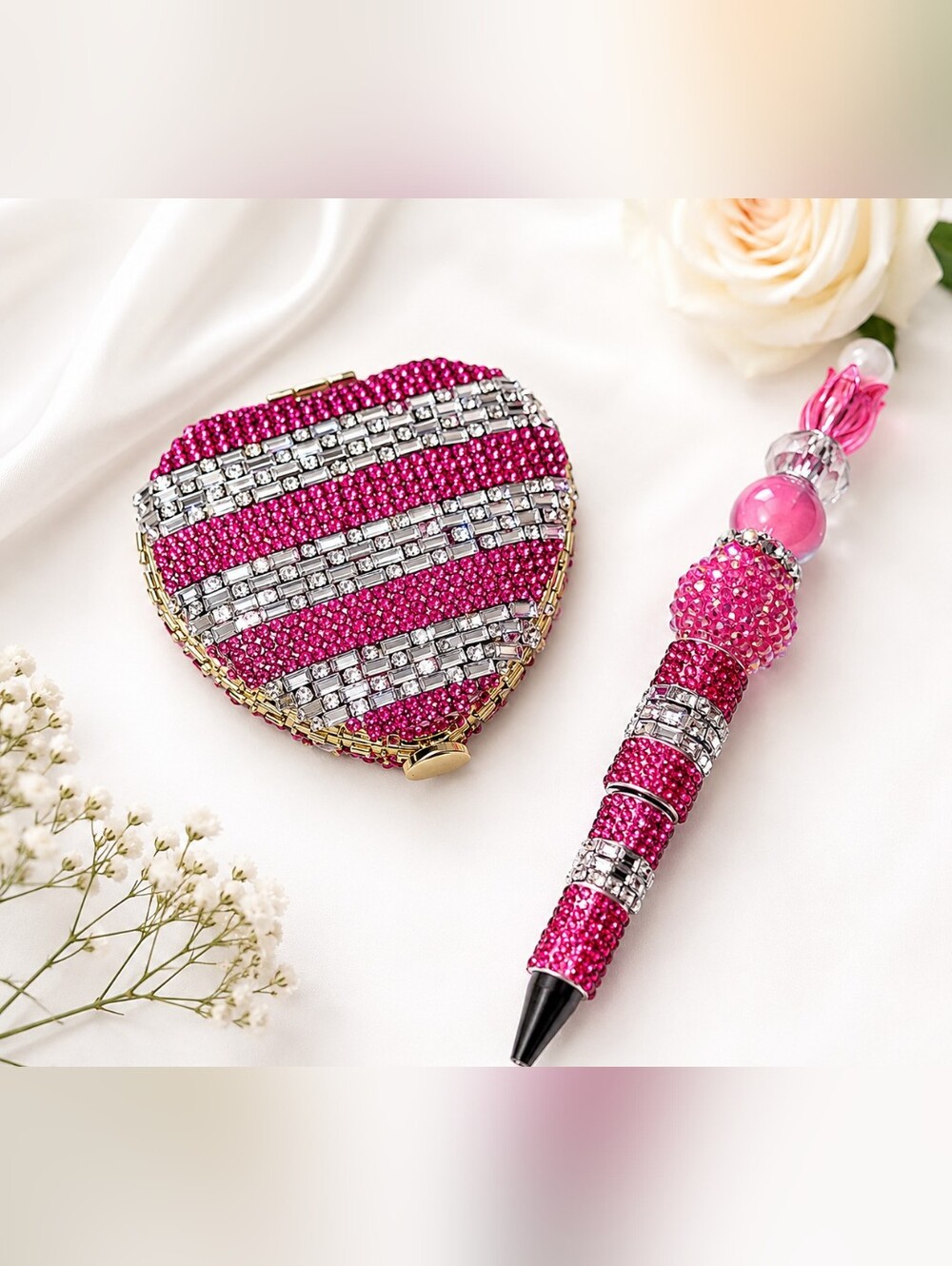 Handcrafted Hot Pink Rhinestone Compact Mirror & Beaded Pen Gift Set